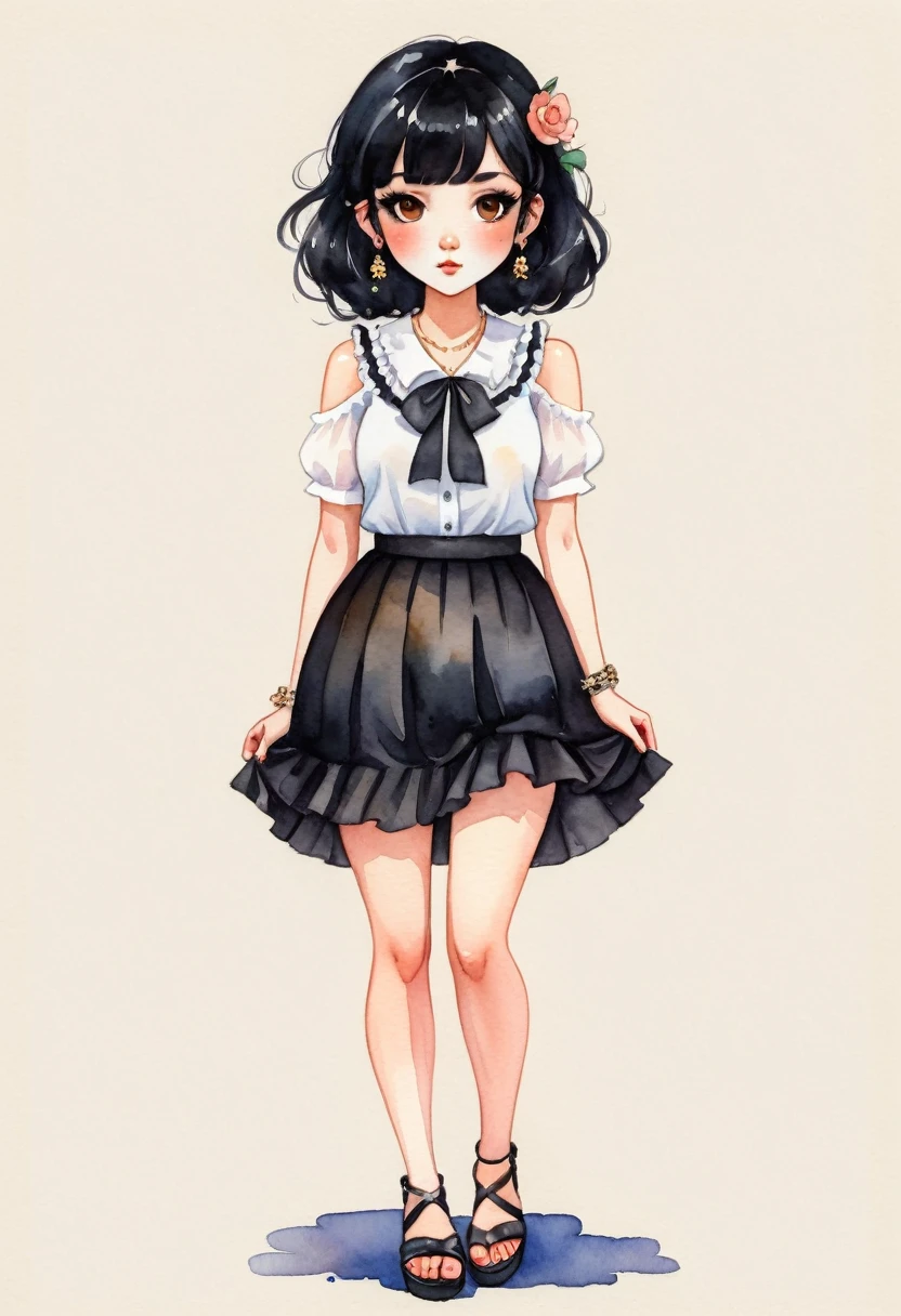 Superflat, cartoonA woman looking straight ahead,Perfect face, she has black hair with bangs, brown eyes, small freckles on her face, earrings in her ears and a chain on her arm. She is wearing a black skirt and white blouse with ruffles. She has black sandals on her feet. watercolor style, kawaii style. high quality, by House of Worth