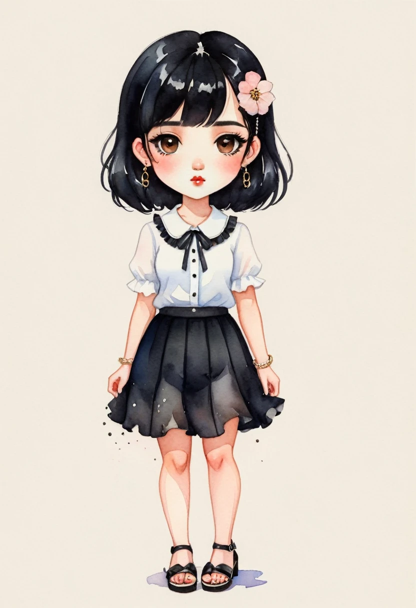 Miniature Painting, watercolor style,  cartoonA woman looking straight ahead,Perfect face, she has black hair with bangs, brown eyes, small freckles on her face, earrings in her ears and a chain on her arm. She is wearing a black skirt and white blouse with ruffles. She has black sandals on her feet. watercolor style, kawaii style. high quality, by Harumi Hironaka