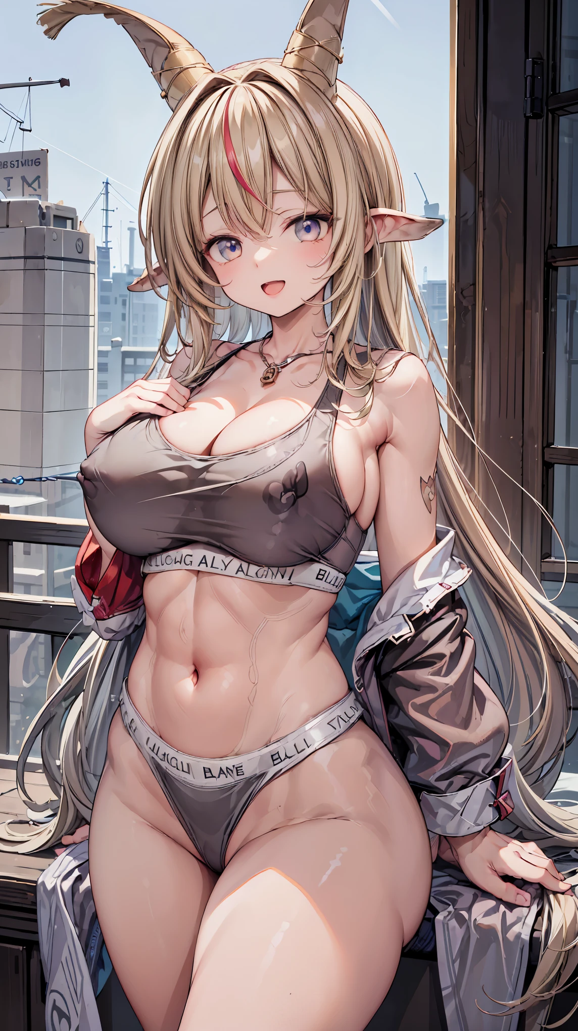 Very detailed、Highest quality、Best image quality、masterpiece、8k、 (Big Breasts:1.5、only breasts are in full view :1.5、bare breasts:1.5 、bare nipples:1.5、necklace)、(shoulder-length blonde hair、Medium Long Hair)、(smile、Open Mouth) 、(Hilarious)、(Big eyes)、(Beautiful and shining eyes)、(Detailed anime eyes)、(Puffy eyes)、、((SFW Huge Body))、Cowboy Shot、(highleg panties:2.0)、horn