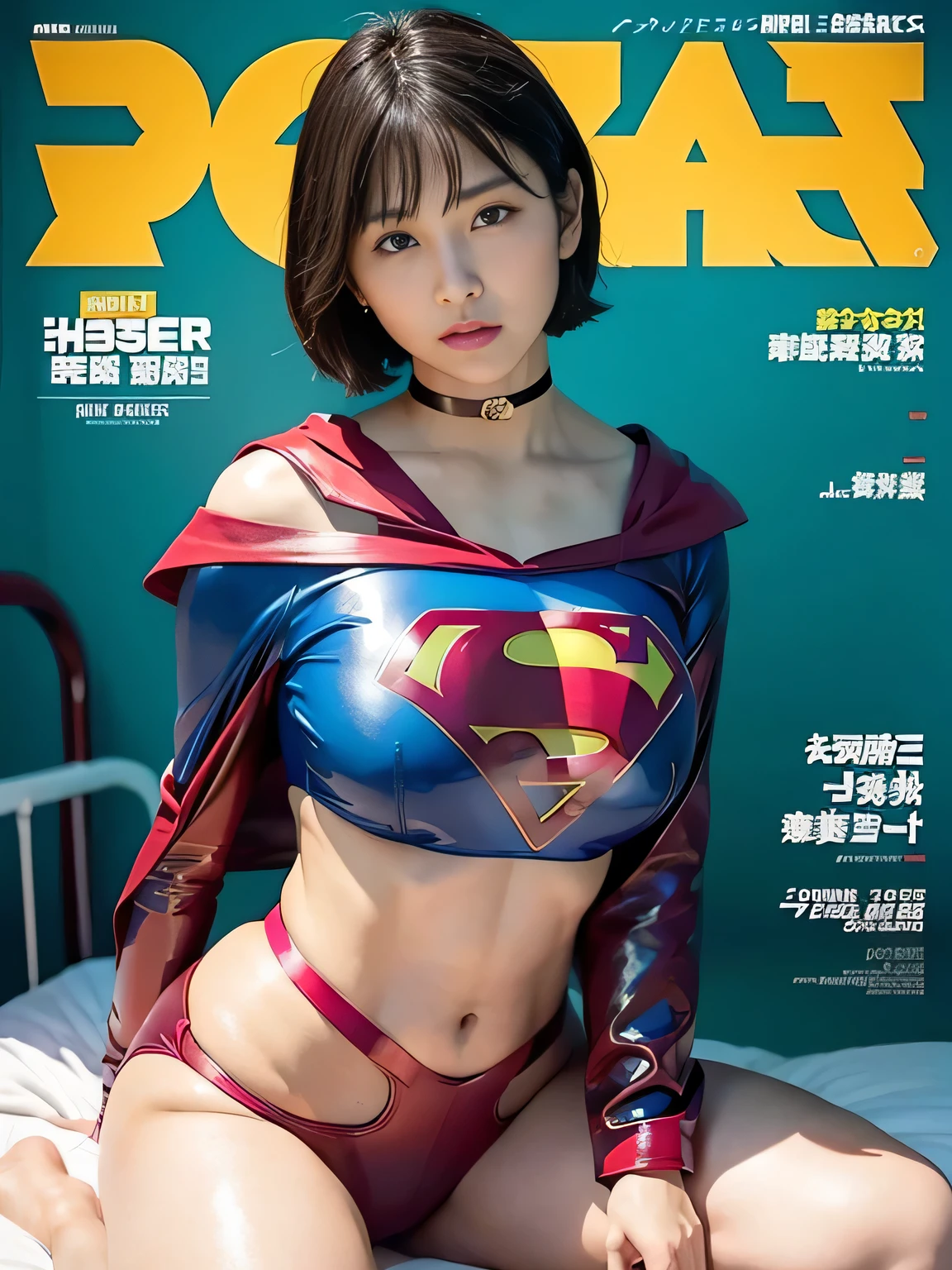 masterpiece、Rubber Supergirl Costume、Short Hair、Hospital operating table、Crisis situation、Big and ample breasts、looking at the camera、Shiny、Off the shoulder、choker、Long sleeve、exy poses to seduce、Sweaty skin、Model body type、Alluring、charm、Enchanting、Abused、test subject、victim、Wild、Photorealistic、latex、Expose your belly、athlete、High leg、Photo magazine cover、Cape、Beautiful Abs、wallpaper for pc、