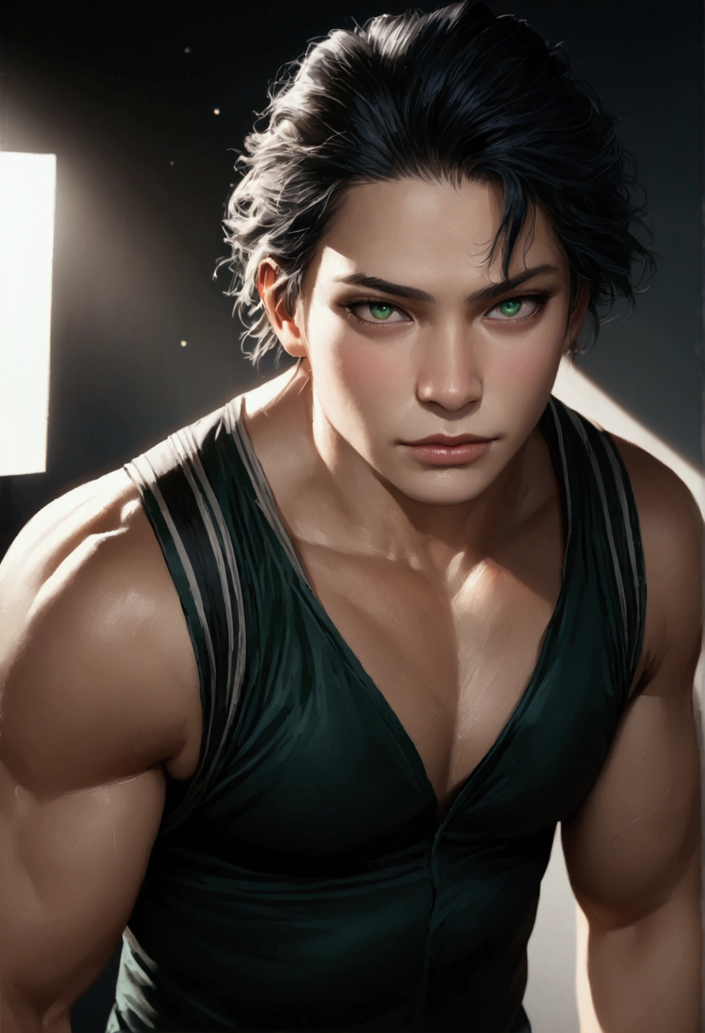 A 17 year old teenager,slightly disheveled very black hair,somewhat light green eyes,muscular body,sexy face,anime male uniform "my hero academia",highres,best quality,4k,8k,ultra-detailed,realistic,photorealistic,photo-realistic:1.37,masterpiece:1.2,extremely detailed eyes and face,longeyelashes,studio lighting,vivid colors,professional