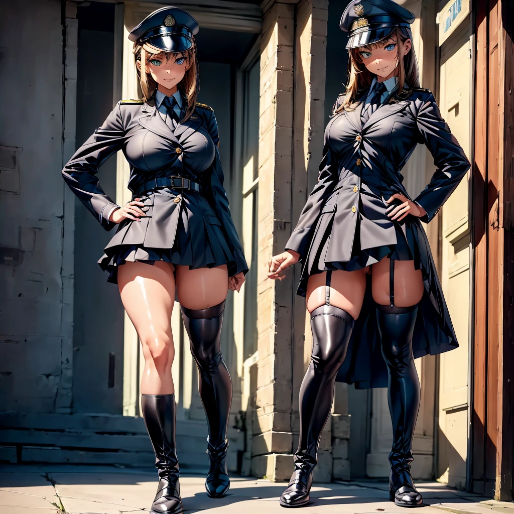 Browsing Caution,masterpiece, Highest quality, One Girl,expensive,Very long legs, Very thick thighs, blue eyes, Sleepy eyes, big , Black military uniform,Knee-high boots, Black knee socks, Black Garter Strap, military cap,Standing posture,Hands on hips, Put one foot in front of the other,Low Angle,Glare,whole body,Head-to-toe display,Very plump