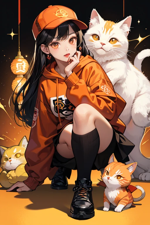 Liling has fair skin, straight black hair that goes past her knees. She has big brown eyes, and pink lips with a red line going through the middle, with yellow eyeshadow. Her accessories consist of white car hat colored to resemble the Maneki-Neko-Cat.
Her outfit consist of a long sleeve white hoodie with a red hood. On her hoodie is a golden bell. The hoodie has orange elbow pads on the long sleeves. Her black skirt has red stitching. Her red leggings are covered in Maneki-Neko-Cats. On her black shoes are red bows that go almost up to her knees. SPARKLE; GLITTER