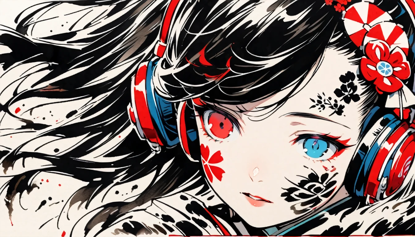 (((Ink Painting))), ((Japanese style headphones)), (((Japanese pattern tattoo on face))), face close up, Gorgeous hair accessories, Japan人の女, Fluttering Hair, Japan, Japanese flag, blue