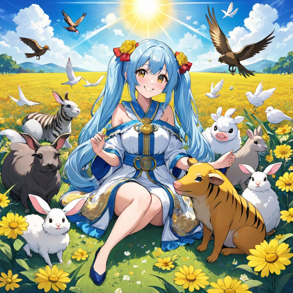 Anime girl sitting surrounded by animals in a flower field under a blue sky, Light blue long hair、Twin tails 、Bright smile、Tiger dragon mouse or rat ox Rabbit snake sheep dog pig monkey bird horse Anime fantasy illustration,