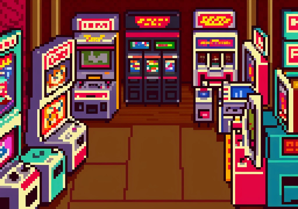 a retro 80s video game store, detailed interior, arcade machines, shelves filled with classic video games, customers browsing, technologically advanced displays, nostalgia, warm lighting, vintage decor, detailed textures, high quality, photorealistic