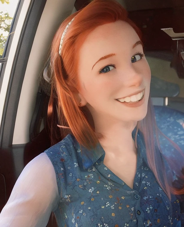red-haired woman, smiling, blue floral blouse