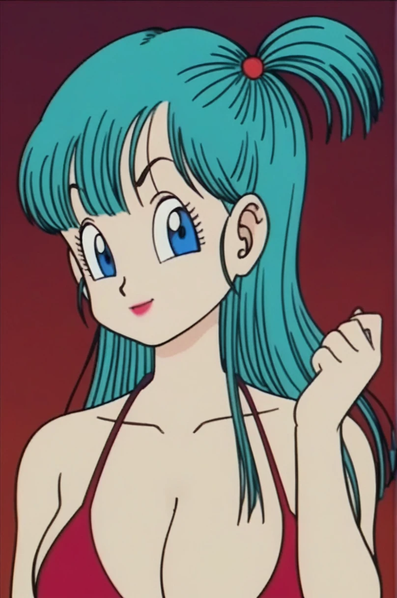 source_anime, score_9, score_8_up, score_7_up, anime screencap,
bulma \(dragonball\), 1girl, solo, long hair, looking at viewer, bangs, blue eyes, red bikini, standing, upper body, horny facial expression, sexy, aqua hair, bare feet, collarbone, arms by side, fingernails, big breasts, raised eyebrows, eyebrows, eyelashes,