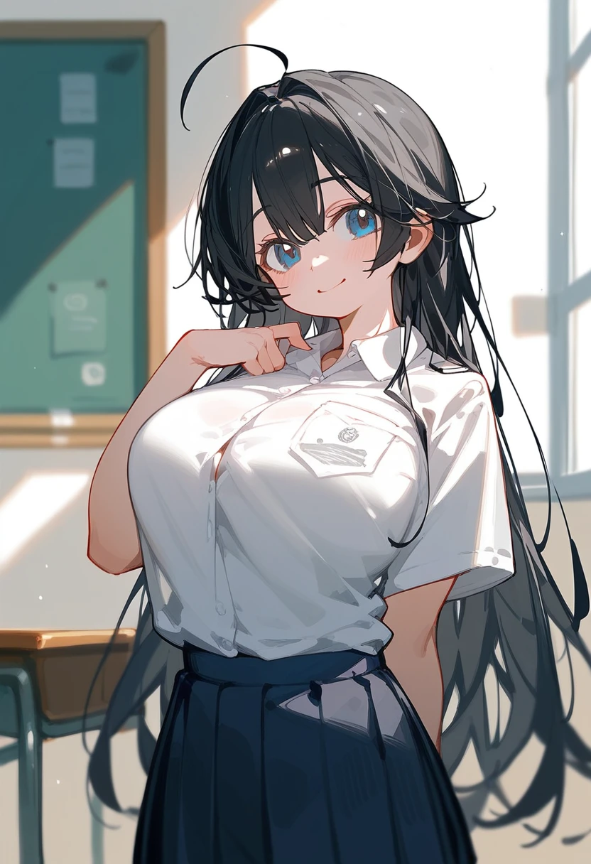 One Girl、Big Breasts、Black Hair、Long Hair、Straight Hair、Ahoge、high school student、smile、Dark blue eyes、Big eyes、shirt、Background School