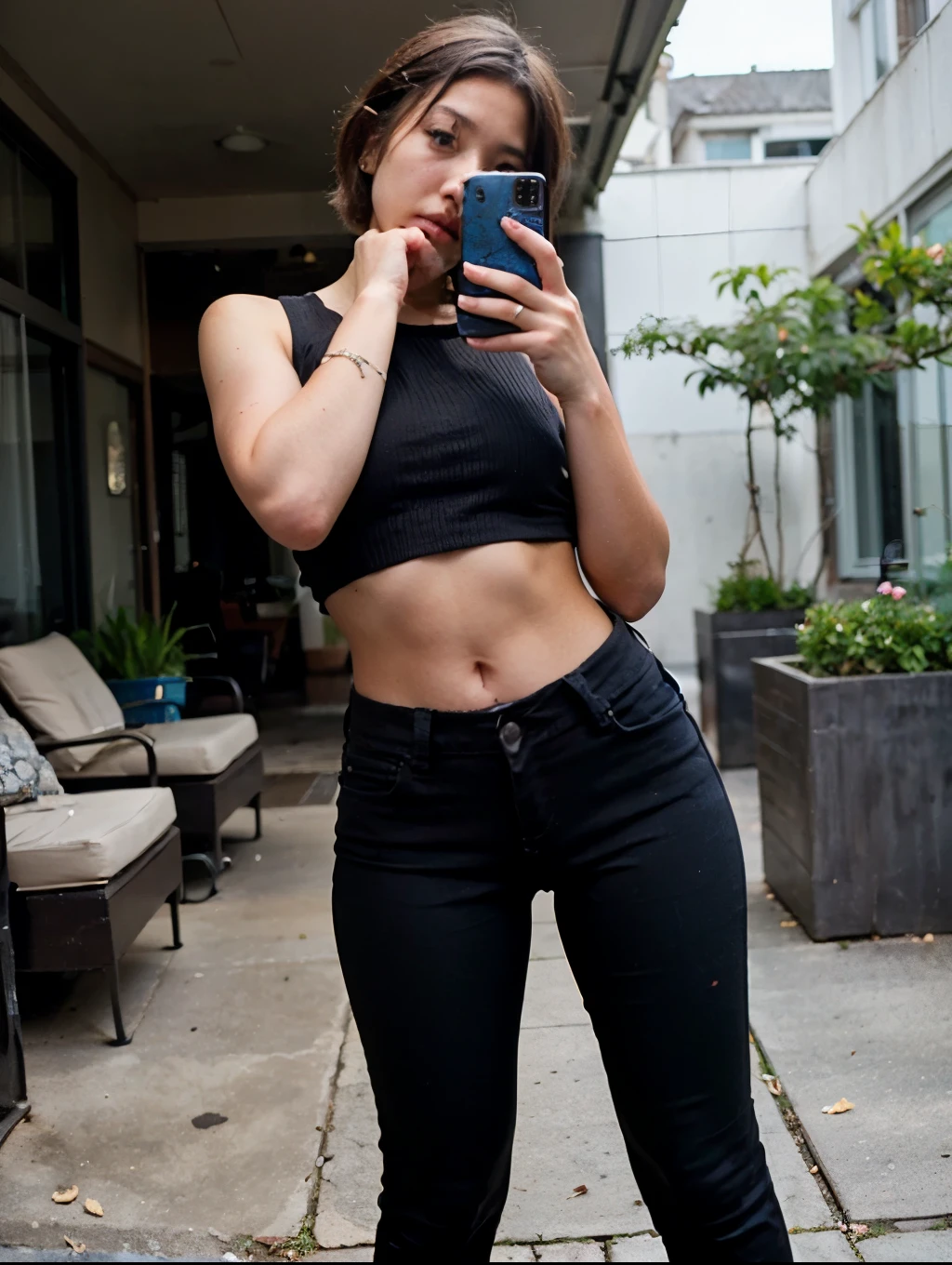 Japanese girl with short wavy hair cut bob taking a selfie in edgy clothes tight crop top casual photo Patio tight black pants against chopped