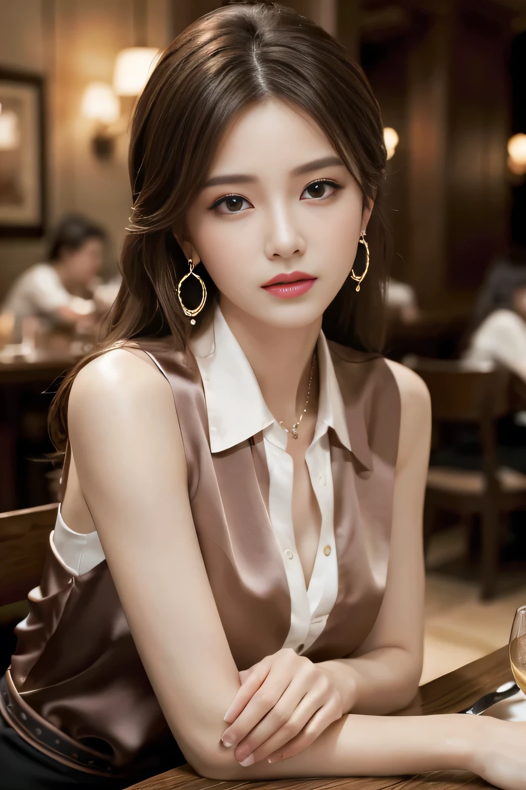 masterpiece, Highest quality, Realistic, Very detailed, Finer details, High resolution, 8k wallpaper, One beautiful woman, Wear a silk shirt in a good color, In a great restaurant, At night, Light brown messy hair, Perfect dynamic composition, Beautiful and beautiful eyes、Big earrings、chest、Sleeveless shirt、
