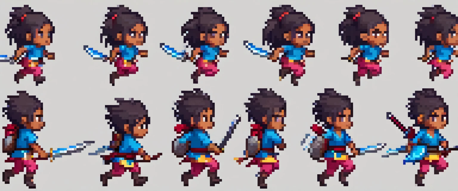 Create a sprite sheet for character animations that includes frames for movement, running, jumping, sword attack, spear attack, and bow attack. Mas o personagem é uma de cabelo azul escuro cor de pele pardo e olhos rosa com uma pequena mochila nas costas de etinia indigena brasileiroCreate a sprite sheet for character animations that includes frames for movement, running, jumping, sword attack, spear attack, and bow attack. Mas o personagem é uma de cabelo azul escuro cor de pele pardo e olhos rosa com uma pequena mochila nas costas de etinia indigena brasileiro