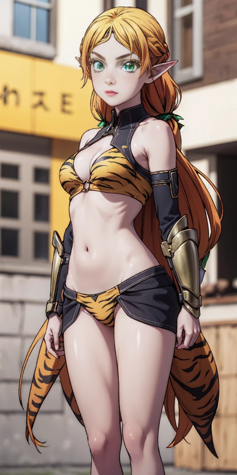 tsundere elf, long hair, blonde hair (green eyes:1.1) pointy ears, elf, multicolored hair, forehead jewel, yellow tiger bikini, standing symmetrical, blurry background