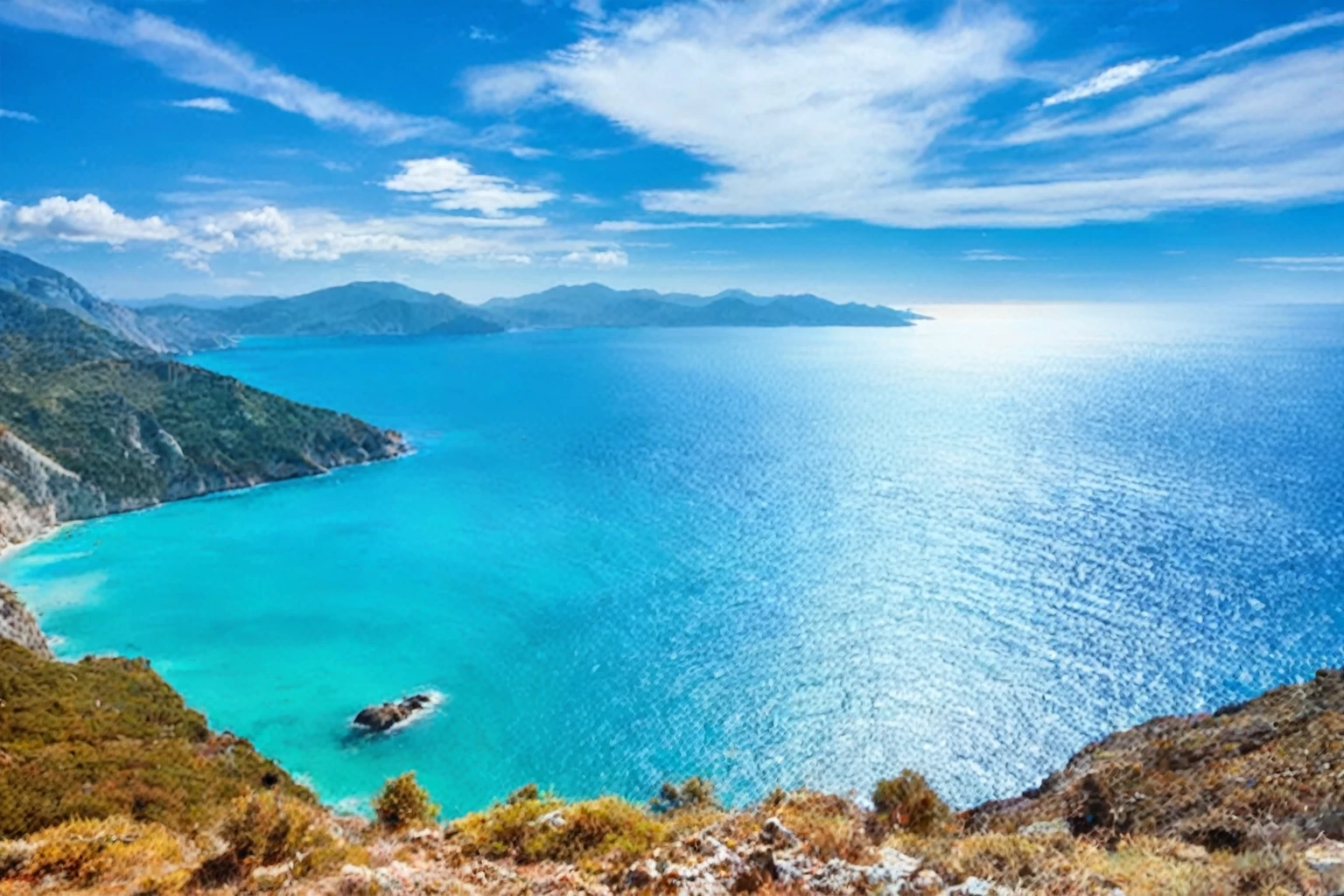 a to view of the ocean and mountains from a hill, turquoise water, turquoise ocean, beautiful seascapes, blue waters, turquoise horizon, to view, clear blue water, shutter, sky blue water, Mediterranean island scenery, a photo of the ocean, mountains and ocean, crystal clear blue water, amazing to view, Mediterranean, scenic to view, Mediterranean vista, to view of the ocean