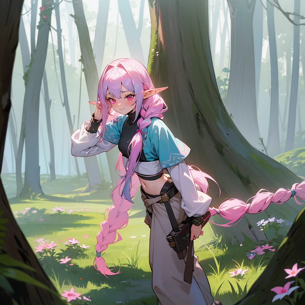 1female, sexy, young , elf ears, finely detailed pink eyes, wild long hair, braided hair, pale blue hair color, adventurer gear, crop top sweater, baggy combat pants, standing on path, day time, dark forest, excited expression, flowers, blushing