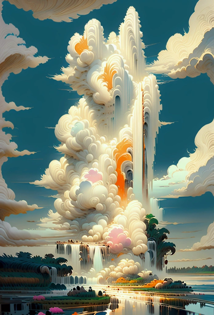 artwork、Highest quality、Better Quality、Flying Island々、Waterfall cascading down from the island、Fantasy World、Magnificent panorama、Multicolored clouds、Flashy colors
