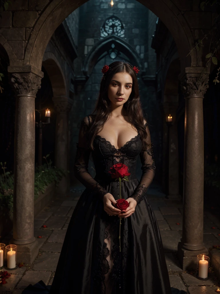 Hermosa Hada de ojos verdes con el cabello negro y abundante, con vestido rojo con una mesa con velas, bola de cristal, cartas del tarot y muchas rosas rojas