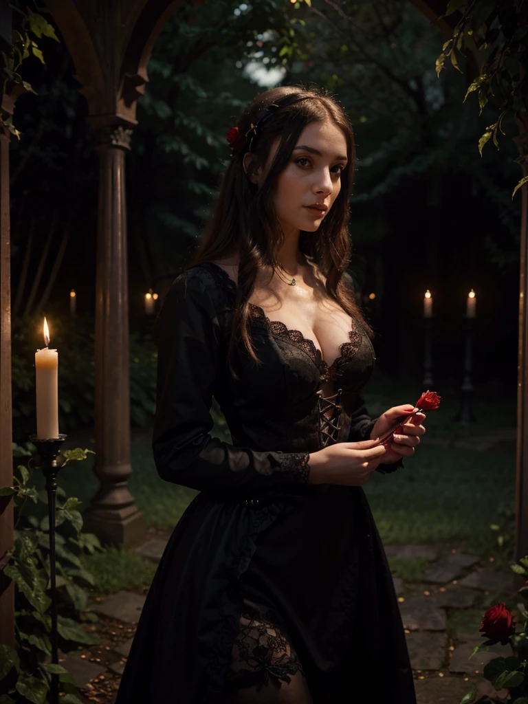 (Best Quality,High resolution:1.2) beautiful gothic woman with medieval lace dress, sexy, holding a red rose. Gothic style garden, dark and vibrant. background fireflies. Hoar. dark environment, lighting with candle lanterns.