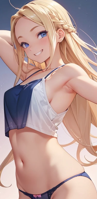 Realistic、1house wife、blonde hair、braid、Blue eyes、(eye focus:1.3,face focus,upper body),(Gradient eyes:1.3),(camisole sexly panties
)、open mouth,(grin:1.3),forehead,cute face、finger to mouth,((Raise your arms, Expose your armpits))