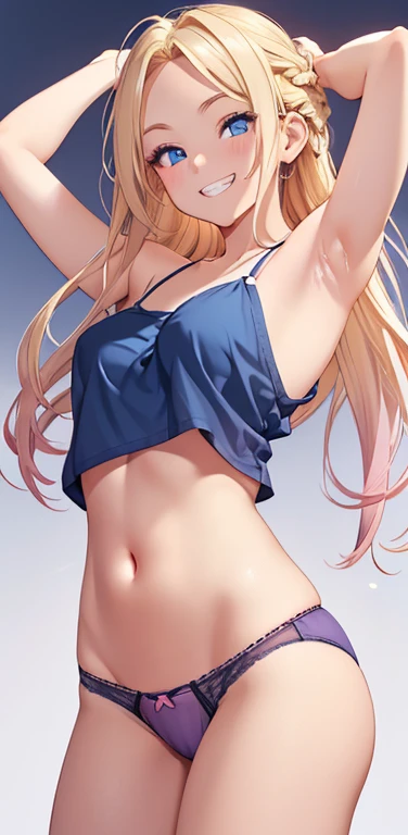 Realistic、masterpiece, 1house wife、blonde hair、twin tail, red eyes, (eye focus:1.3,face focus),(Gradient eyes:1.3),(sexy panties)、open mouth,(grin:1.3),forehead,cute face、((Thick thighs、Beautiful thighs)), A condescending gaze on the viewer,((Raise your arms, Expose your armpits)), Wrestler