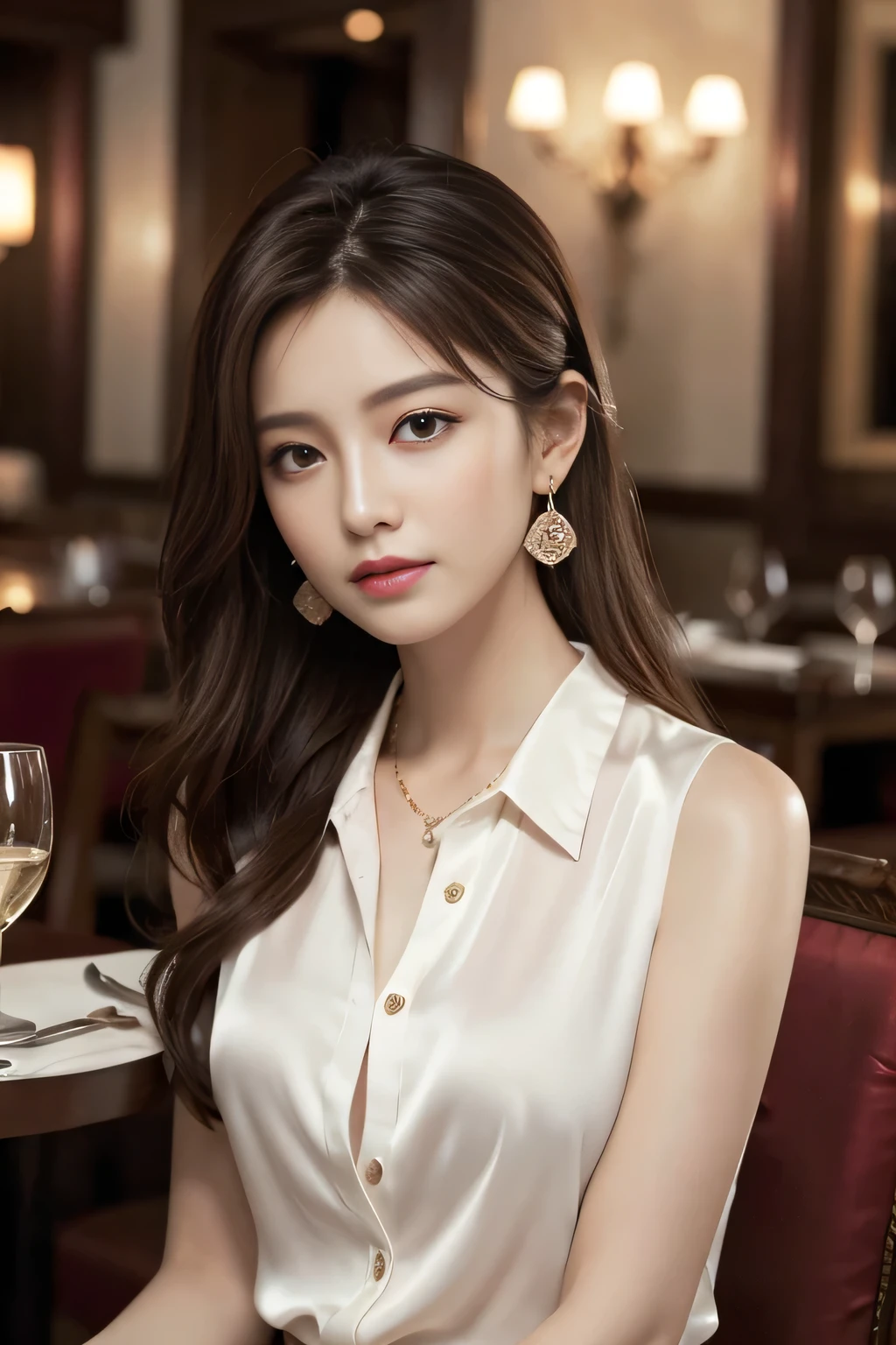 masterpiece, Highest quality, Realistic, Very detailed, Finer details, High resolution, 8k wallpaper, One beautiful woman, Wear a silk shirt in a good color, In a great restaurant, At night, Light brown messy hair, Perfect dynamic composition, Beautiful and beautiful eyes、Big earrings、chest、Sleeveless shirt、