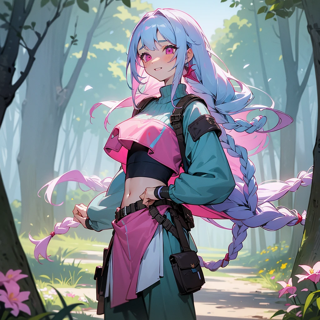 1female, sexy, young teen, finely detailed pink eyes, wild long hair, braided hair, pale blue hair color, adventurer gear, crop top sweater, baggy combat pants, standing on path, day time, dark forest, excited expression, flowers, blushing