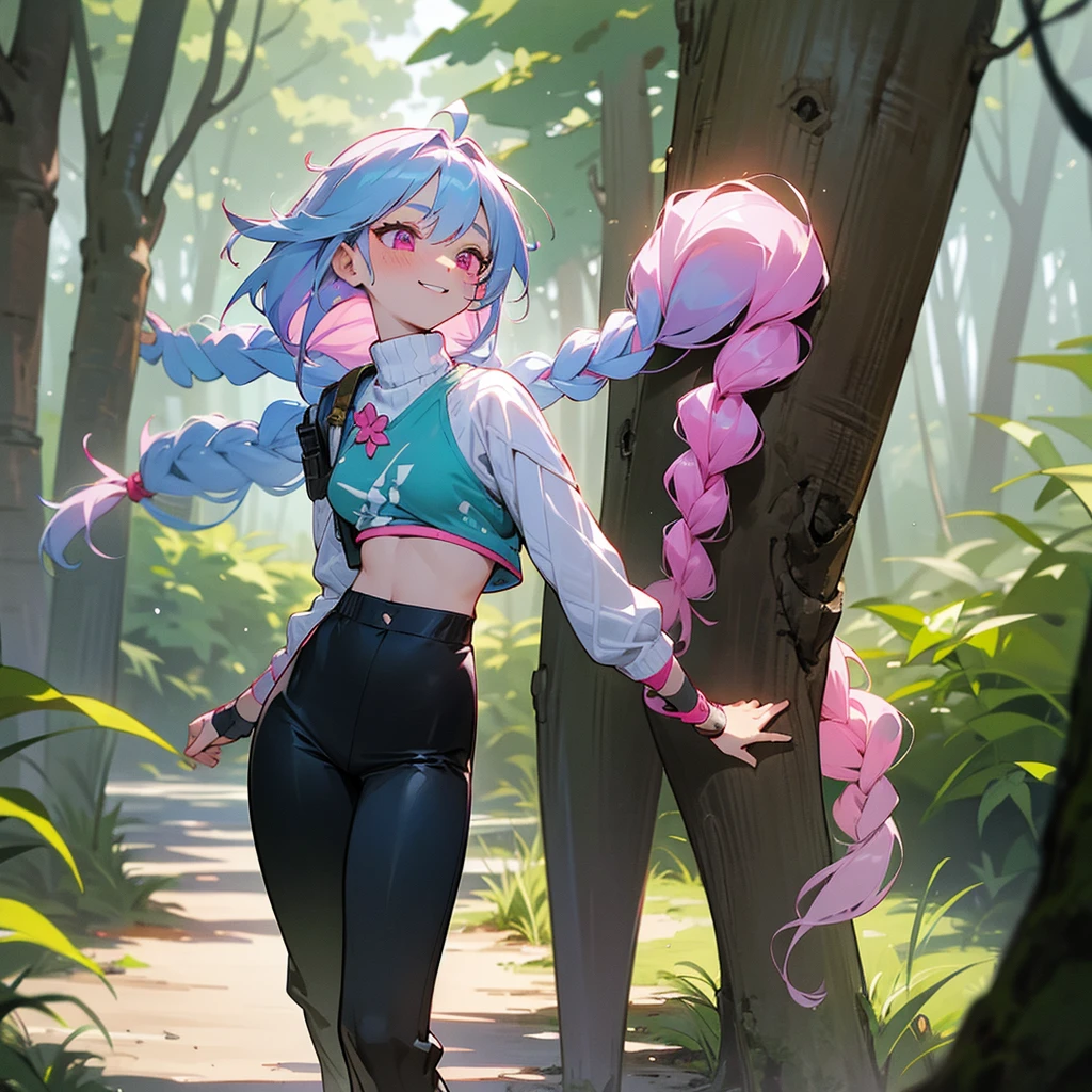 1female, sexy, young teen, finely detailed pink eyes, wild long hair, braided hair, pale blue hair color, adventurer gear, crop top sweater, baggy combat pants, standing on path, day time, dark forest, excited expression, flowers, blushing