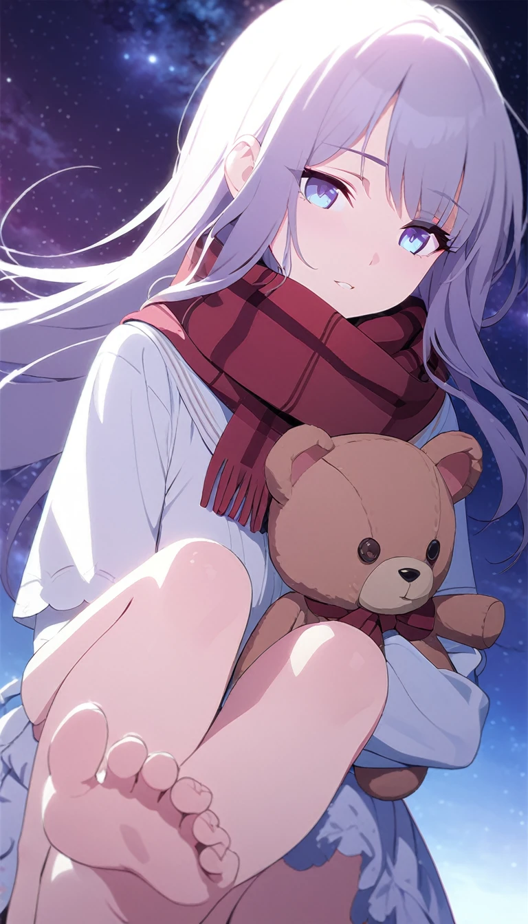 (((masterpiece))), (((best quality))),(((high detail))),light manipulation, girl with long hair, gradient purple to sky blue eyes, wearing a white dress, a red scarf, galaxy background, holding a teddy bear, feet, no footwear, close up