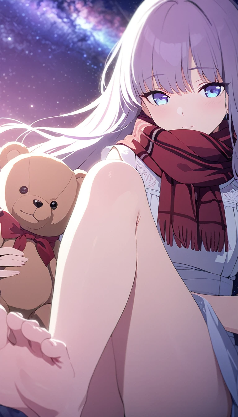 (((masterpiece))), (((best quality))),(((high detail))),light manipulation, girl with long hair, gradient purple to sky blue eyes, wearing a white dress, a red scarf, galaxy background, holding a teddy bear, feet, no footwear, close up