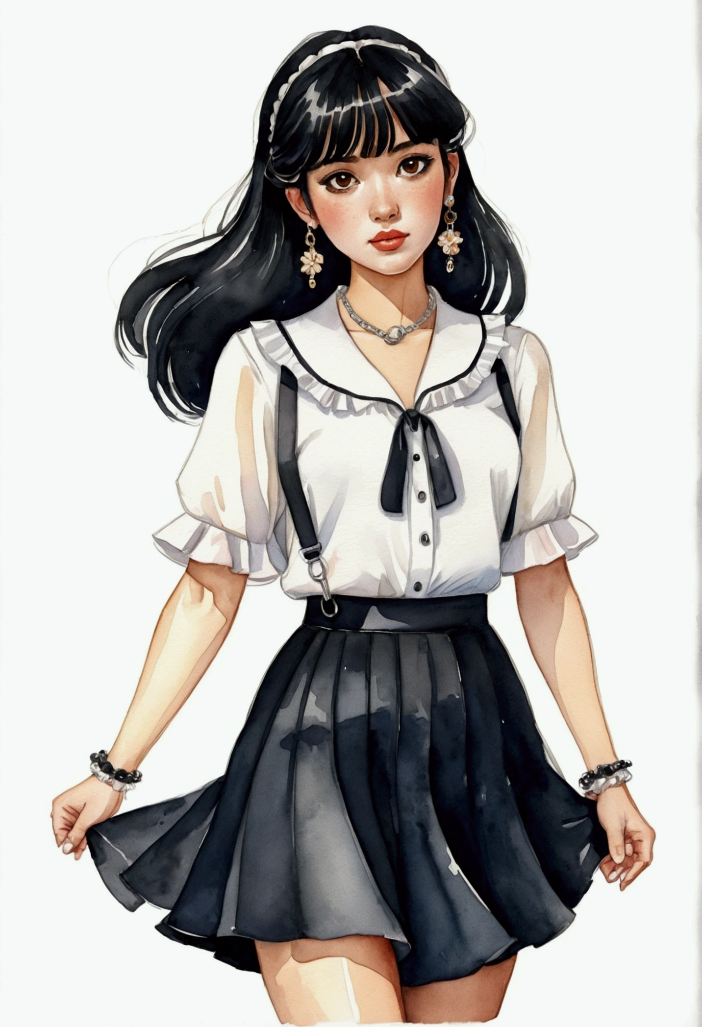 Superflat, cartoonA woman looking straight ahead,Perfect face, she has black hair with bangs, brown eyes, small freckles on her face, earrings in her ears and a chain on her arm. She is wearing a black skirt and white blouse with ruffles. She has black sandals on her feet. watercolor style, kawaii style. high quality, by House of Worth