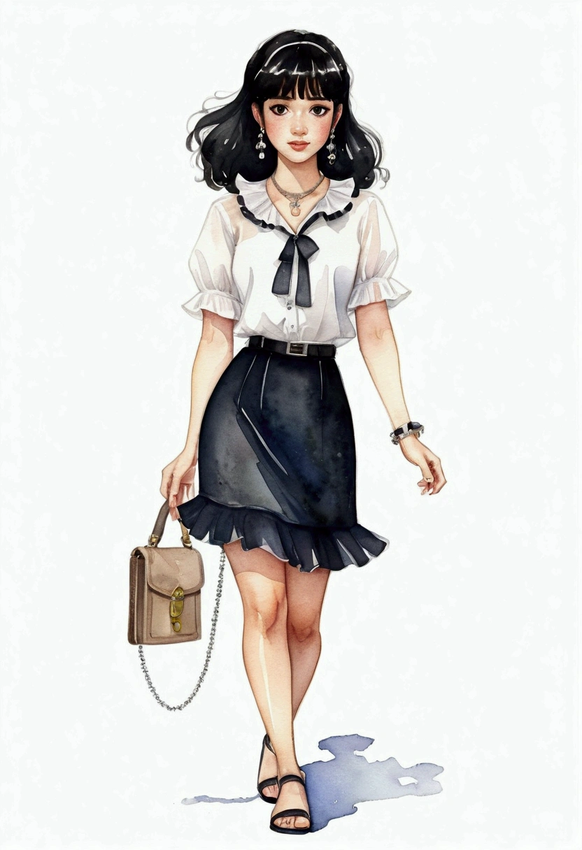Superflat, cartoonA woman looking straight ahead,Perfect face, she has black hair with bangs, brown eyes, small freckles on her face, earrings in her ears and a chain on her arm. She is wearing a black skirt and white blouse with ruffles. She has black sandals on her feet. watercolor style, kawaii style. high quality, by House of Worth
