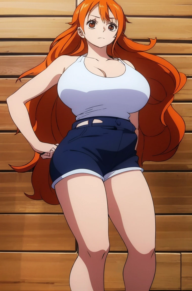 Bloomers, Cowboy Shot, Jim's warehouse, Adjust your clothes,, ultra detailed, masterpiece, Highest quality, beautiful, detailed,, strict, One Girl, Orange Hair, Very long hair, (we:one piece)、Red Bottom、White top、gigantic droopy tits cleavage