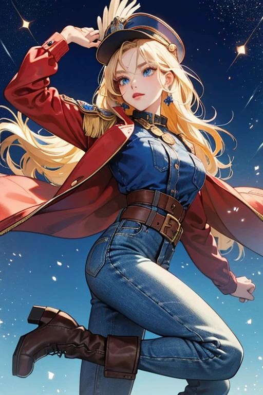 Erika has fair skin and blonde hair that goes past her waist. She has big blue eyes with red and white eyeshadow and dark red lips.

Her accessories consist of a blue bald eagle cap. Her outfit is a blue jean jacket with golden stars on each sleeve, with golden tassels on the bottom. Her pants are colored like the American flag. Her cowgirl boots are dark brown with blue on the top with a red buckle and dark brown bottom SPARKLE; GLITTER