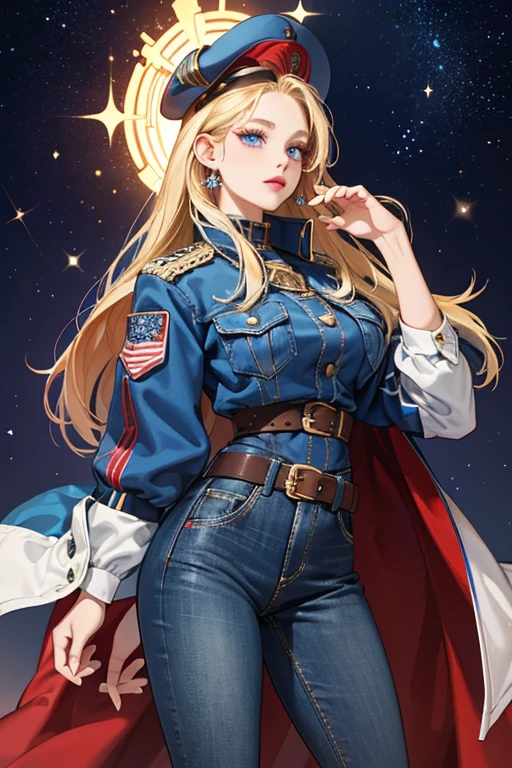 Erika has fair skin and blonde hair that goes past her waist. She has big blue eyes with red and white eyeshadow and dark red lips.

Her accessories consist of a blue bald eagle cap. Her outfit is a blue jean jacket with golden stars on each sleeve, with golden tassels on the bottom. Her pants are colored like the American flag. Her cowgirl boots are dark brown with blue on the top with a red buckle and dark brown bottom SPARKLE; GLITTER