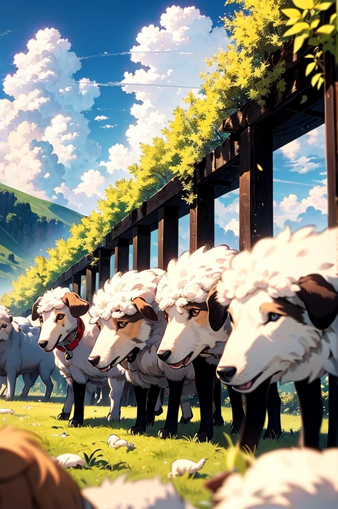 (Masterpiece, Highest quality: 1.2), (High resolution: 1.1), (Highest quality), Dynamic Angle, null, cloud, Highland Road, Shepherd Girl Forces, Shepherd Dog, Flock of sheep