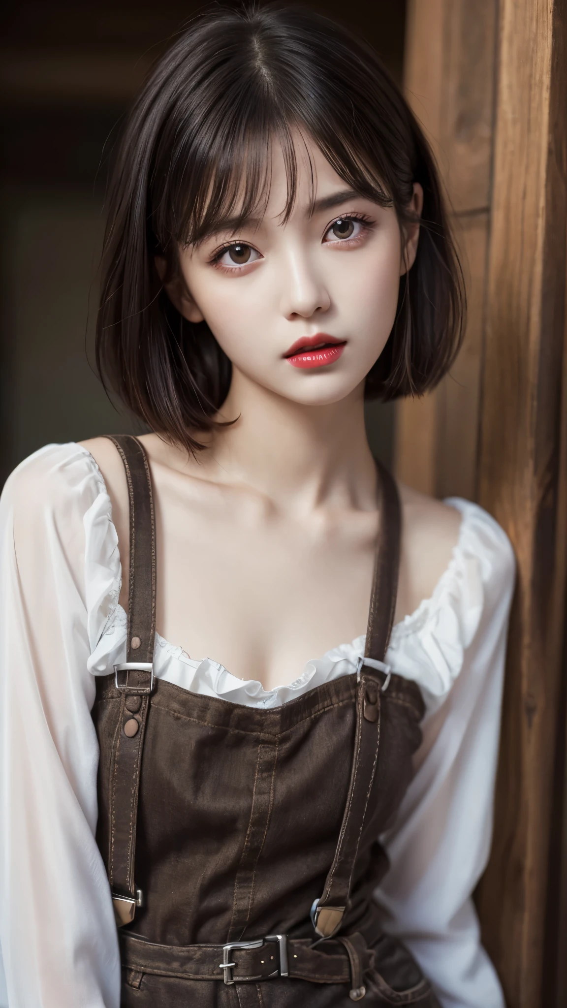 (Best quality,8K,high resolution,masterpiece:1.2),Digital Artwork, A girl,Delicate face,Delicate eyes,Dark brown hair,Short straight hair,Shining amber eyes,Red lips,Suspenders