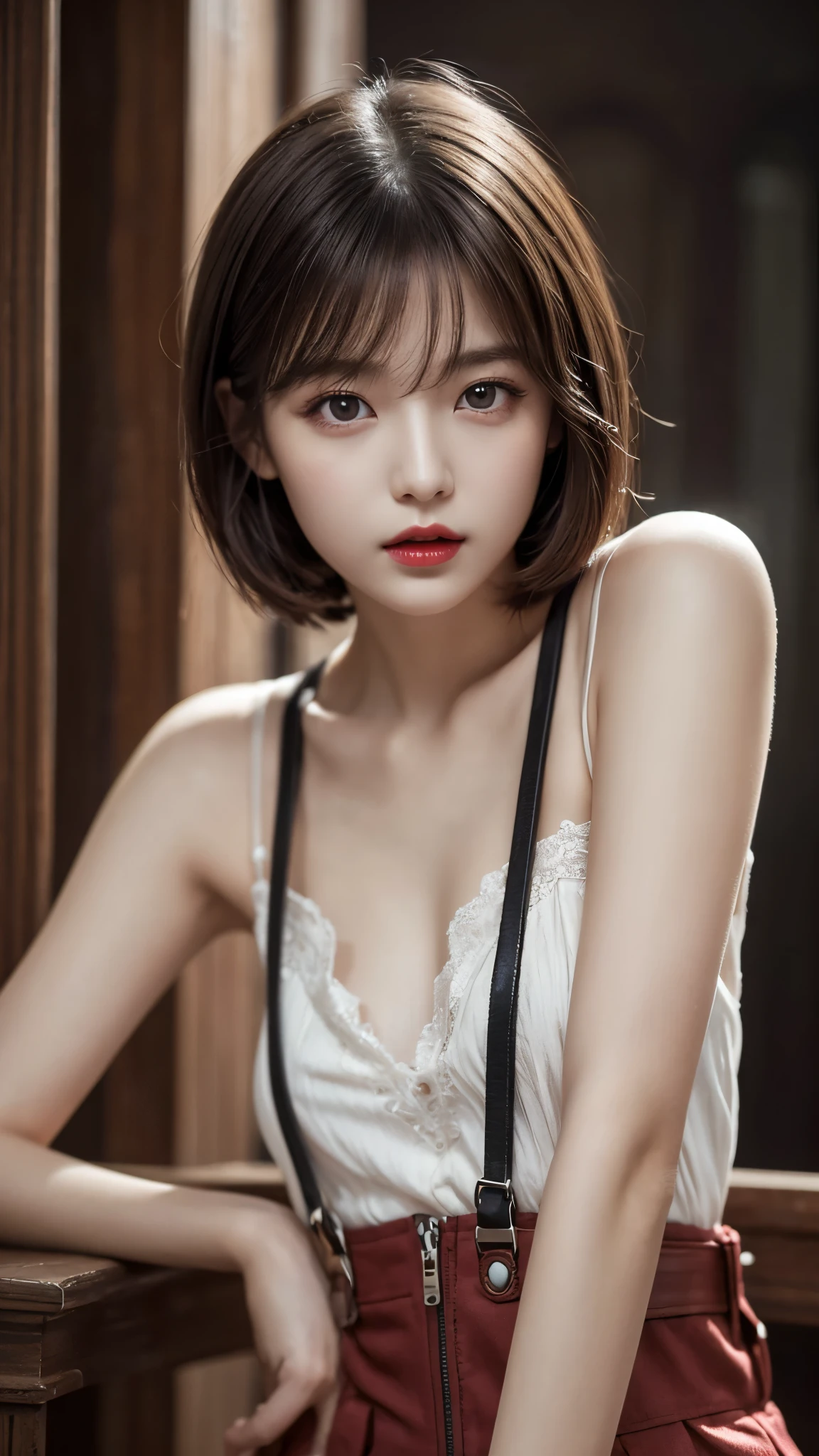 (Best quality,8K,high resolution,masterpiece:1.2),Digital Artwork, A girl,Delicate face,Delicate eyes,Dark brown hair,Short straight hair,Shining amber eyes,Red lips,Suspenders