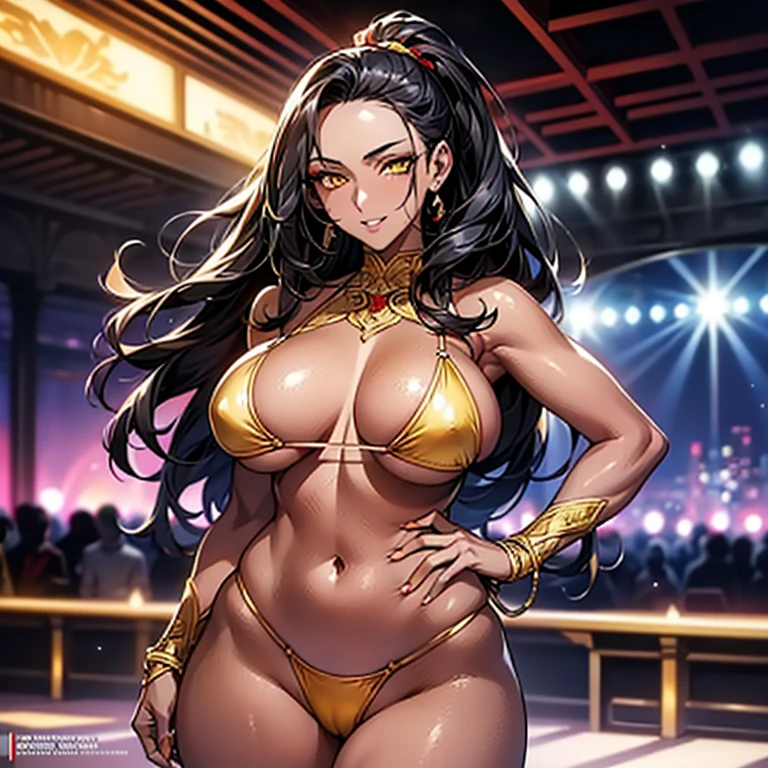 (Artwork: 1.2), (best quality, Official Artwork, Masterpiece, 8k, HD, Ultra-Detailed), 1 woman, red and yellow eyes woman, mature, tall (2.11), a beautiful 32 year old woman, dark skin, (sleek ponytail,forehead), (((( ultra detailed red and yellow eyes)))), ultra realistic eye, ultra-detailed eye, ultra detailed red and yellow eyes, eyes well proportioned to your face, extremely detailed eye, perfect eye, extremely realistic eye, well-lined eye, long eyelashes,black hair, Anime style, perfect face, face that looks about 32 years old, full lips, smiling, mature, Dark skin, natural body, sexy body, MILF body, (ideal body proportion), perfect hands, detailed hands, fine hands proportioned to the body, realistic hands, arms with good anatomy,  bikini  ,huge and large breasts , thick thighs, wide hips, ((woman with dark skin, detailed red and yellow eyes, and full lips)), Looking at the viewer, configuration of background, (((nightclub in the background))), ultra-detailed, posing alone Looking at the viewer