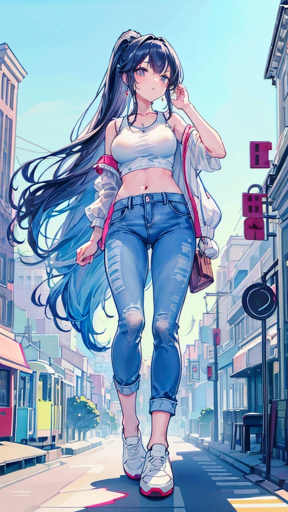 Composition viewed from below　masterpiece　　Unreal Engine　Anime Style　Delicate painting　4K　90's　giant　Multiple Girls　crowd　 　　Metropolis　Railway stations　line　Many trains　　crowd　Crowd of people　Giant girl standing in the city valley　Denim pants　Big Breasts　White T-shirt　Summer clothes　No sleeve　Tank top　White Bra　Her underwear is visible　Sweating profusely　Private Server　sneakers　White socks　watch　Black Hair　ponytail　smile　blue sky　cumulonimbus　Contrail　female giant giant girl Whole body 　 Destroyed skyscrapers Destroyed cars Crowd Unreal Engine,cleavage ,a drawing of a , earrings, long hair, 1980s (style) Cute picture　Beauty　Analog style　whole body　sneakers