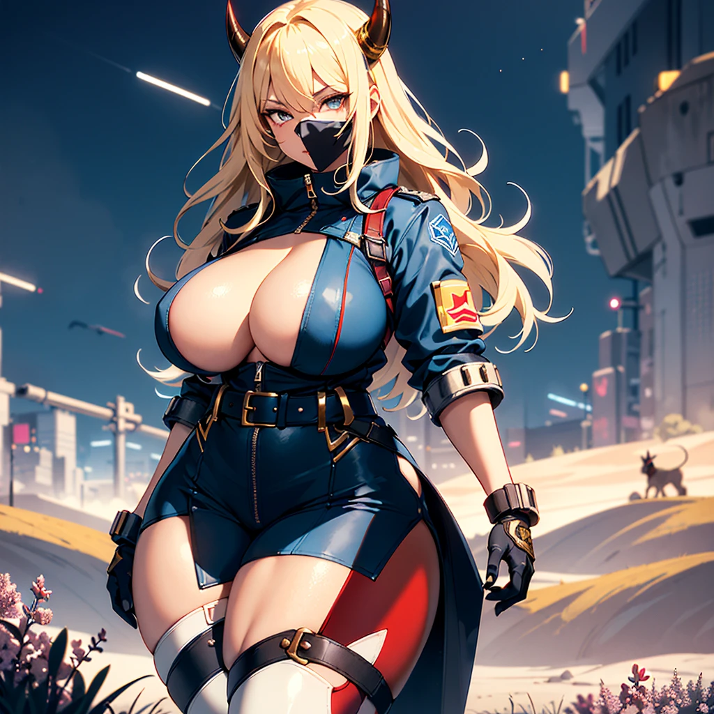((best quality)), ((masterpiece)), (detailed), 1girl, 8k_wallpaper, extremely detailed eyes, extremely detailed body, beautiful face, perfect face, detailed ((blonde hair)), (gold eyes), ((large big red and blue horns)), {{dark skin}}, ({dark skinned female}), gigantic breasts, thick thighs, strong arm and leg muscles, strong abdominal muscles, Monster women, Korean women, wearing a modern short black cloth jacket with rolled up sleeves, (wearing heavy gold colored steel cyberpunk armor), a wide red leather belt with blue steel yarn, steel boots, steel thigh guards, a military radio hangs on her belt, a biker girl, she rides on another planet along a lilac field against the backdrop of a blue desert and high red mountains,