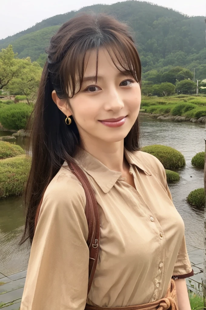 ((Highest quality)), ((masterpiece)), (detailed),Perfect Face,Japanese,landscape,Mature Woman,Upper Body