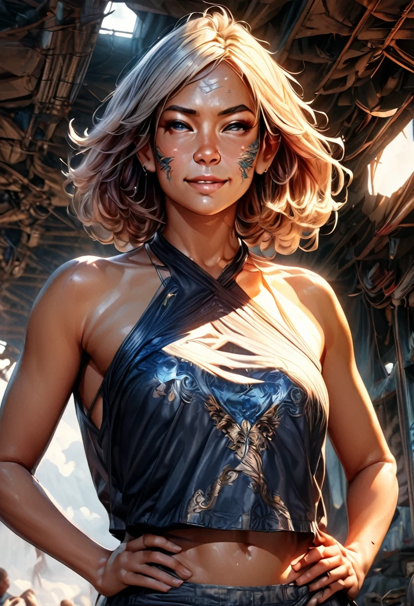 A dark-skinned tomboyish young woman, Android 21 silver hair, violet eyes, long pointy ears, scales on skin, gold jewelry, calm and cool attitude, small grin, white cropped halter top, dark jeans, hands on hips, detailed facial features, extremely detailed portrait, (best quality,4k,8k,highres,masterpiece:1.2),ultra-detailed,(realistic,photorealistic,photo-realistic:1.37),dramatic lighting,cinematic,highly detailed,vibrant colors,fantasy character