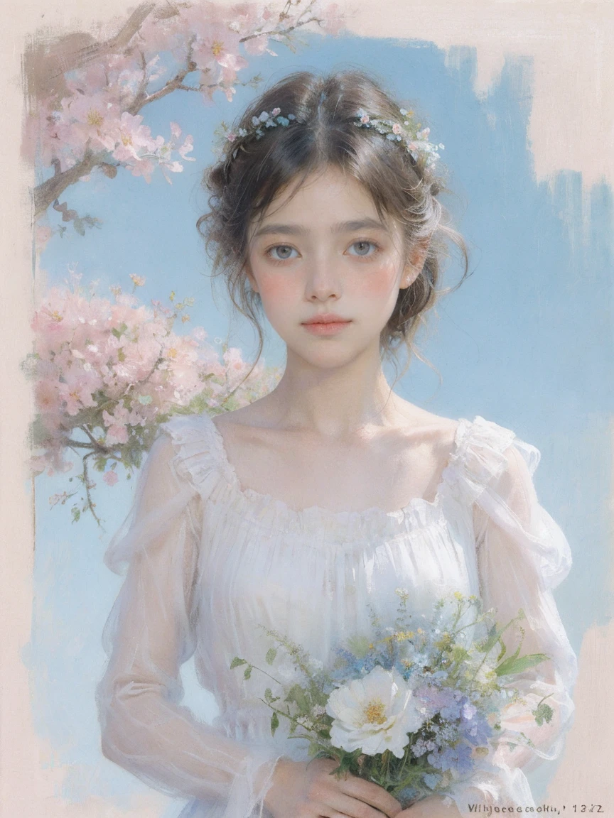 girls, floral, Lycianthus ,In light green and light blue styles..., Dreamy and romantic composition..., dripping flowers on her face, colorism, white background, pencil art illustrations, national geographic photo,looking at the viewer, naked body, sit posing