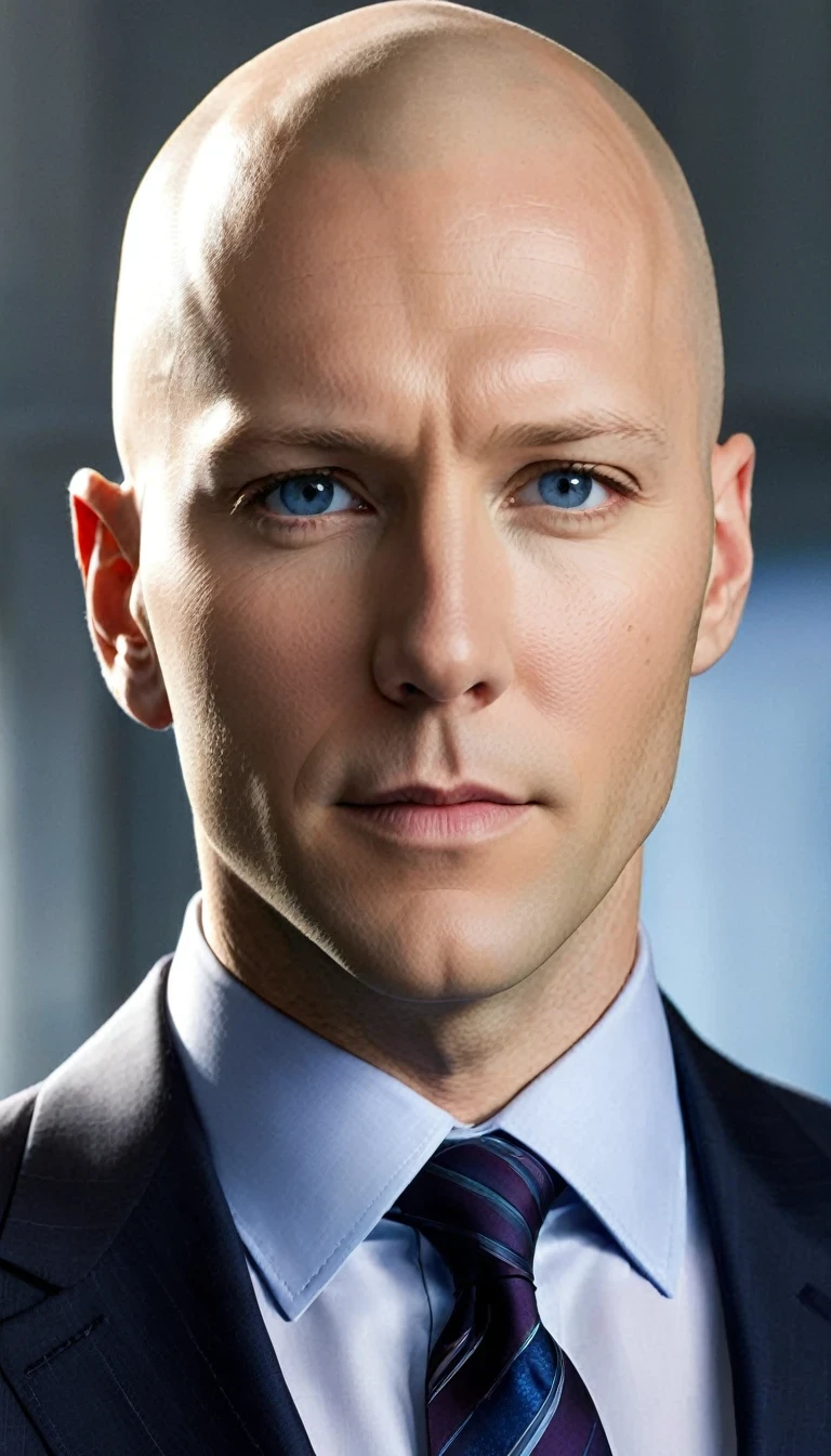 Lex Luthor, played by Michael Rosenbaum, is a man of medium to tall height, with about 1,83 meters (6 feet) Tall. He has a slim and muscular build, reflecting care for your physical appearance. One of his most striking features is his shaved head., which gives you a distinct and intimidating appearance. His face is angular, with prominent cheekbones and a defined jaw. Your eyes are blue, often described as penetrating and expressive, capable of conveying both charm and menace. Lex has fair skin and is usually seen wearing stylish, expensive clothes., like tailored suits, that accentuate its powerful and authoritarian presence.