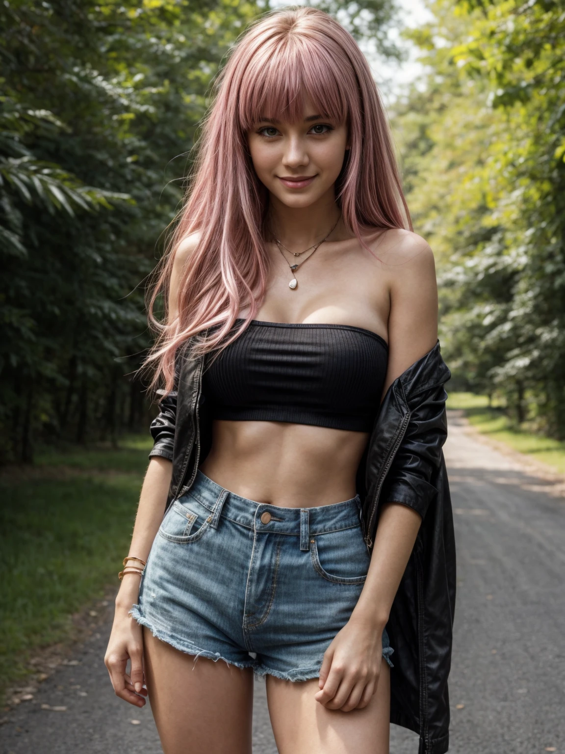 (Masterpiece, Best Quality, Photorealistic, High Resolution, 8K Raw), Smiling, Looking At Viewer, Upper Body, Light, 1 Girl, Solo, Beautiful Young Girl, 18 Years Old, (Long Hair, Pink Hair, Bangs:1.3), Big Breasts, nicole demara(zzz), navel, open clothes, standing, shorts, midriff, long sleeves, black ribbon, ribbon, jacket, open jacket, cutoffs, tube top, jewelry, on breast, crop top, hair ornament, thigh strap, hair ribbon, very long hair, bare shoulders, clothing cutout, short shorts, shoulder cutout, cleavage, green eyes, simple background, micro shorts, hairclip, street background, two side up, strapless, black shorts, v, necklace,
