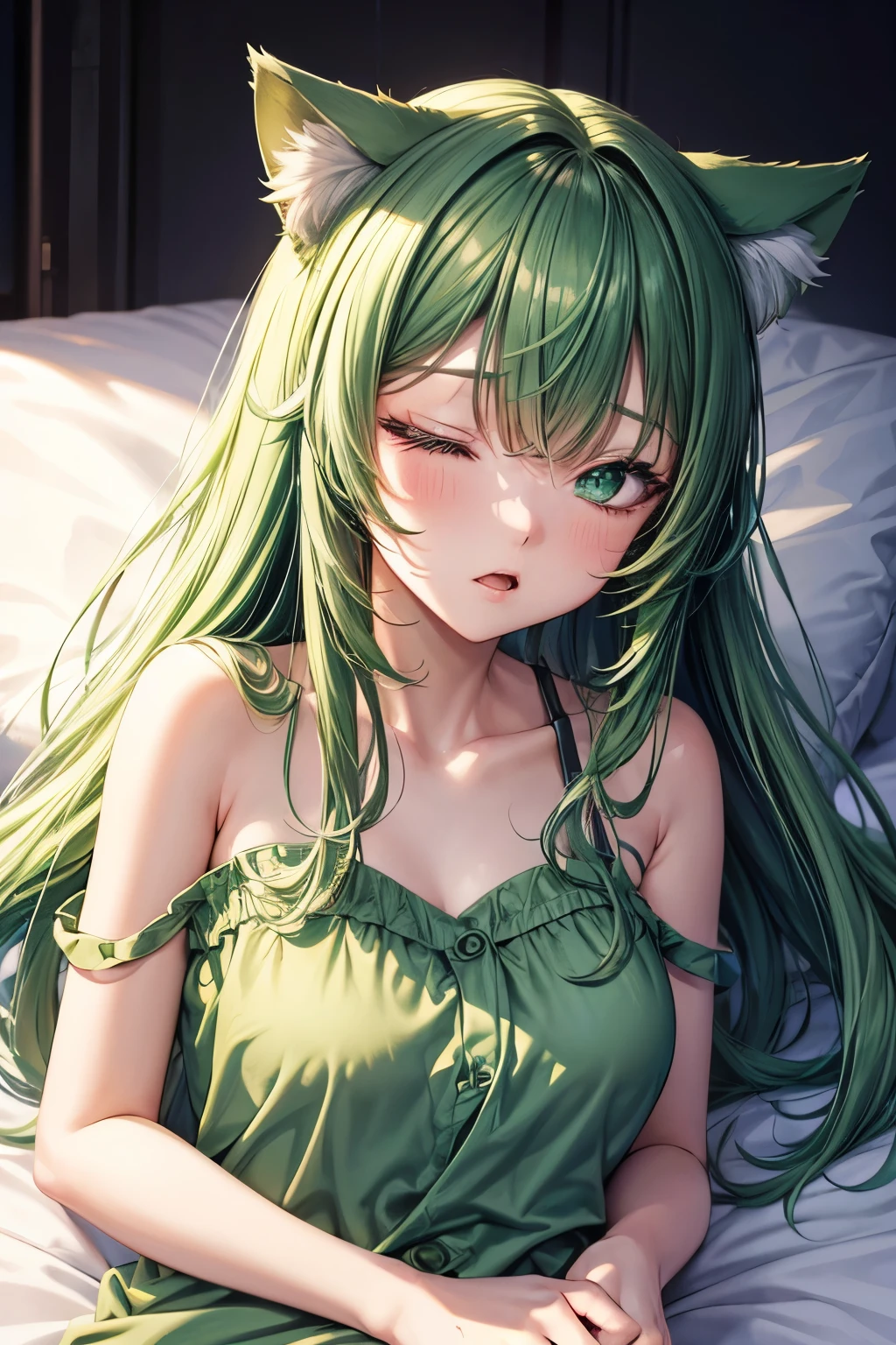 High resolution, perfect human anatomy, cat ears, front view, glossy hair, green hair, sleeping habit, bed, gradient eyes, flowing bangs, front angle, pajamas, yawn,