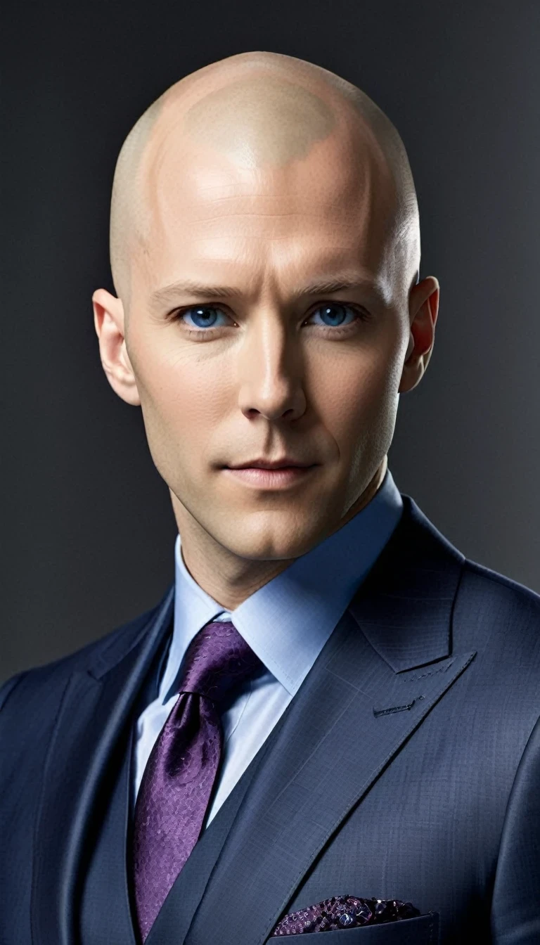 Lex Luthor, played by Michael Rosenbaum, is a man of medium to tall height, with about 1,83 meters (6 feet) Tall. He has a slim and muscular build, reflecting care for your physical appearance. One of his most striking features is his shaved head., which gives you a distinct and intimidating appearance. His face is angular, with prominent cheekbones and a defined jaw. Your eyes are blue, often described as penetrating and expressive, capable of conveying both charm and menace. Lex has fair skin and is usually seen wearing stylish, expensive clothes., like tailored suits, that accentuate its powerful and authoritarian presence.