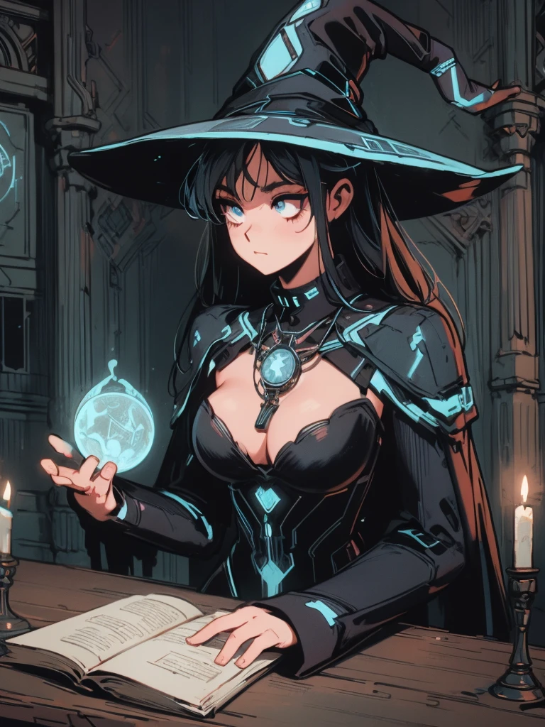 depicts a modern-day witch who has embraced the world of cybernetics to enhance her magical abilities. The artwork should convey the enchanting blend of traditional witchcraft and futuristic technology. Here are some specific elements to include: The Witch's Lair: The setting should be a cozy yet slightly eerie room, filled with magical books, crystal balls, potion ingredients, and antique furnishings. The room should be dimly lit by candles and a soft, mystical glow emanating from her cybernetic enhancements. The Cyborg Witch: The central focus of the artwork is the witch herself. She's a striking figure with a mix of traditional witch attire and cybernetic enhancements. Her clothing should have a witchy, occult aesthetic, with flowing robes, a pointed hat, and an intricate pentagram necklace. Her arms, however, have been upgraded with cybernetic components that incorporate magical symbols and glowing runes. Magical Interface: The witch is in the midst of casting a spell, with a holographic, touch-screen interface floating before her. This interface includes spell incantations, arcane symbols, and digital components, demonstrating her fusion of magic and technology. Spell Ingredients: On a nearby table, there should be a collection of spell ingredients, like herbs, potions, and magical artifacts. Some of these items may have been modified with cybernetic enhancements, blurring the line between the natural and the technological. Familiar: The witch's familiar, perhaps a cat or raven, should be present in the scene, serving as her magical companion. The familiar could also have subtle cybernetic enhancements or glowing eyes. Glowing Runes: The room should be adorned with ancient symbols and glowing runes on the walls and floor, contributing to the magical atmosphere. Aetherial Lighting: Use a combination of mystical, ethereal lighting and cybernetic glows to create a captivating interplay of light and shadow. The contrast between the tradit