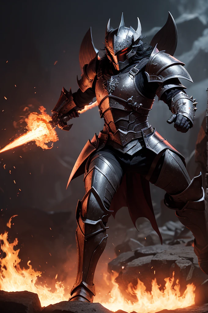 fierce monster warrior in hellfire, with full armor and helmet, with shadow power and hellfire, murderous and strong