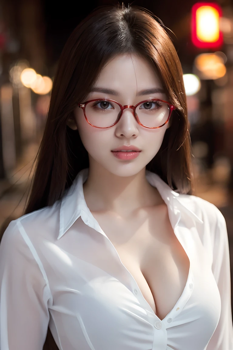 (highest quality、Tabletop、8k、Best image quality、Award-winning works)、One beautiful woman、Age 25、Perfect beautiful composition、(Classy glasses:1.1)、(Cleavage:1.1)、Big breasts that look like they might burst、Accentuate your body lines、(Perfect and precise white polyester shirt:1.3)、look at me、(Sexy look:1.1)、Perfect Makeup、attractive、Sexy、Lustrous and bright lips、Accurate anatomy、(Face close-up:1.3)、look at me、(The moodiest entertainment district lighting:1.1)、(Moody and romantic atmosphere blurred red light district street background:1.2)、Perfect Makeup、Ultra-high definition beauty face、Ultra HD Hair、Ultra-high definition moisturizing eye area、(Ultra High Resolution Perfect Teeth:1.1)、(Ultra-high resolution glossy skin:1.1)、Super high quality glossy lip